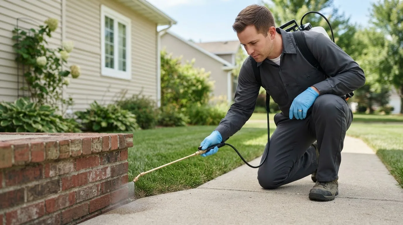 Pest control technician treating a home near Lecompton, KS